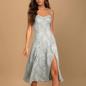 Lulus Loveliest Looks Dusty Blue Floral Jacquard Tie-Strap Midi Dress medium